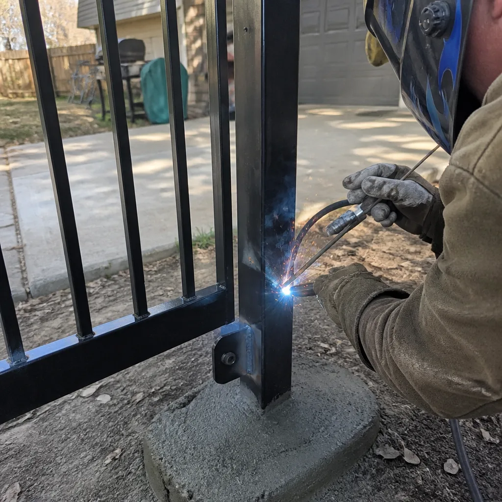 Professional welder performing metal gate repair and installation