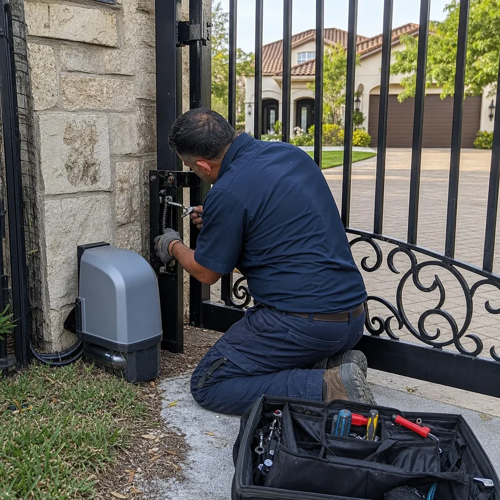 Technician performing professional automatic gate motor repair service