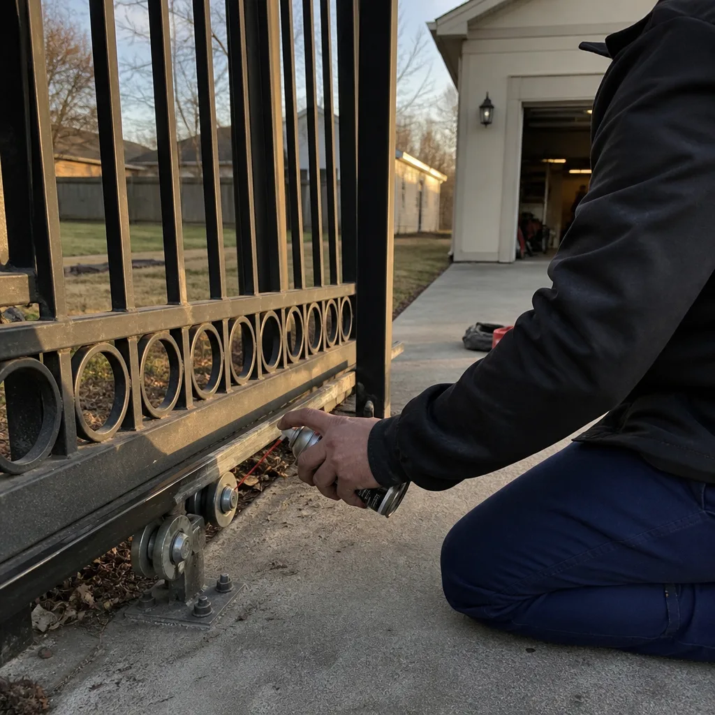 Technician performing professional sliding gate maintenance and repair