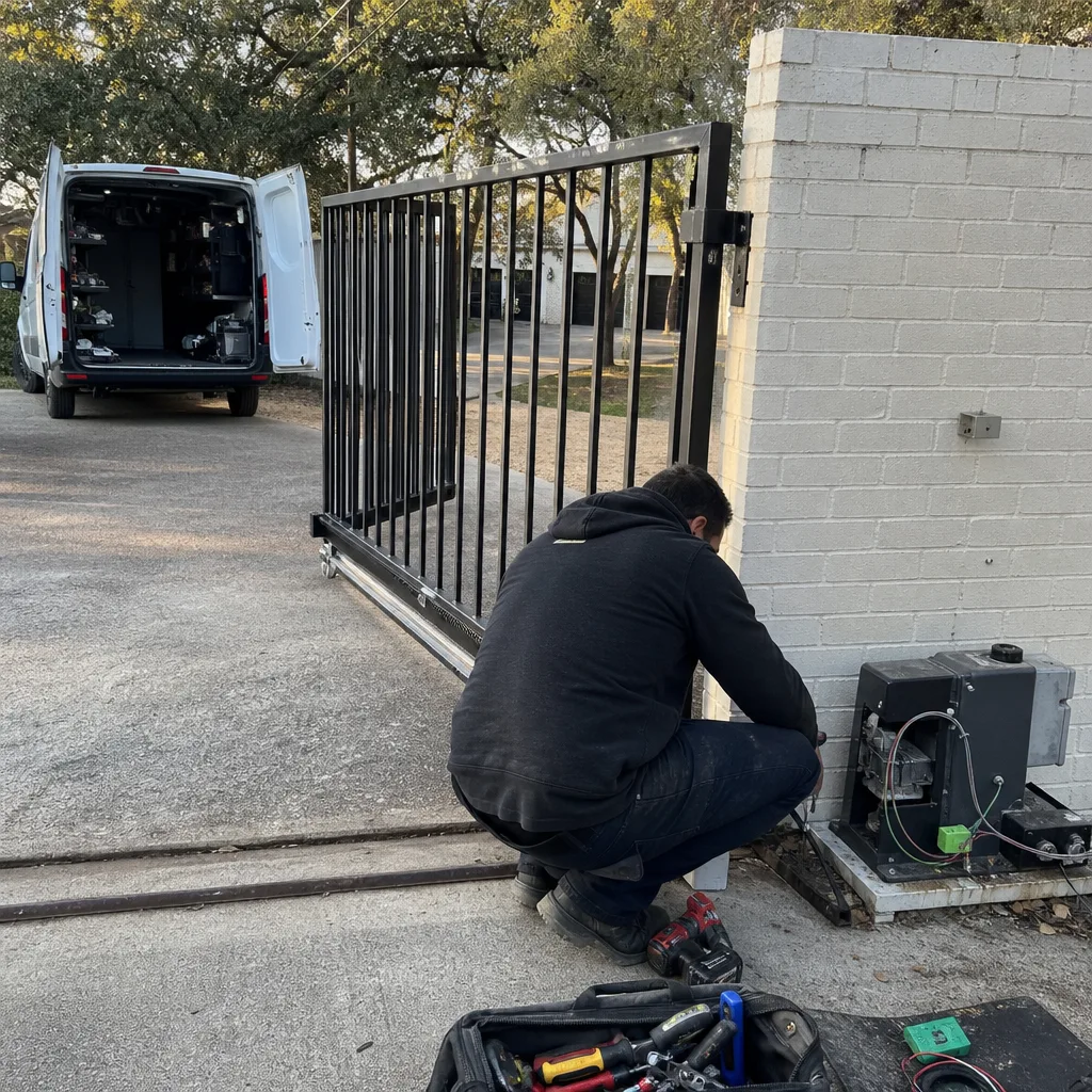 Technician performing automatic sliding gate motor repair and maintenance