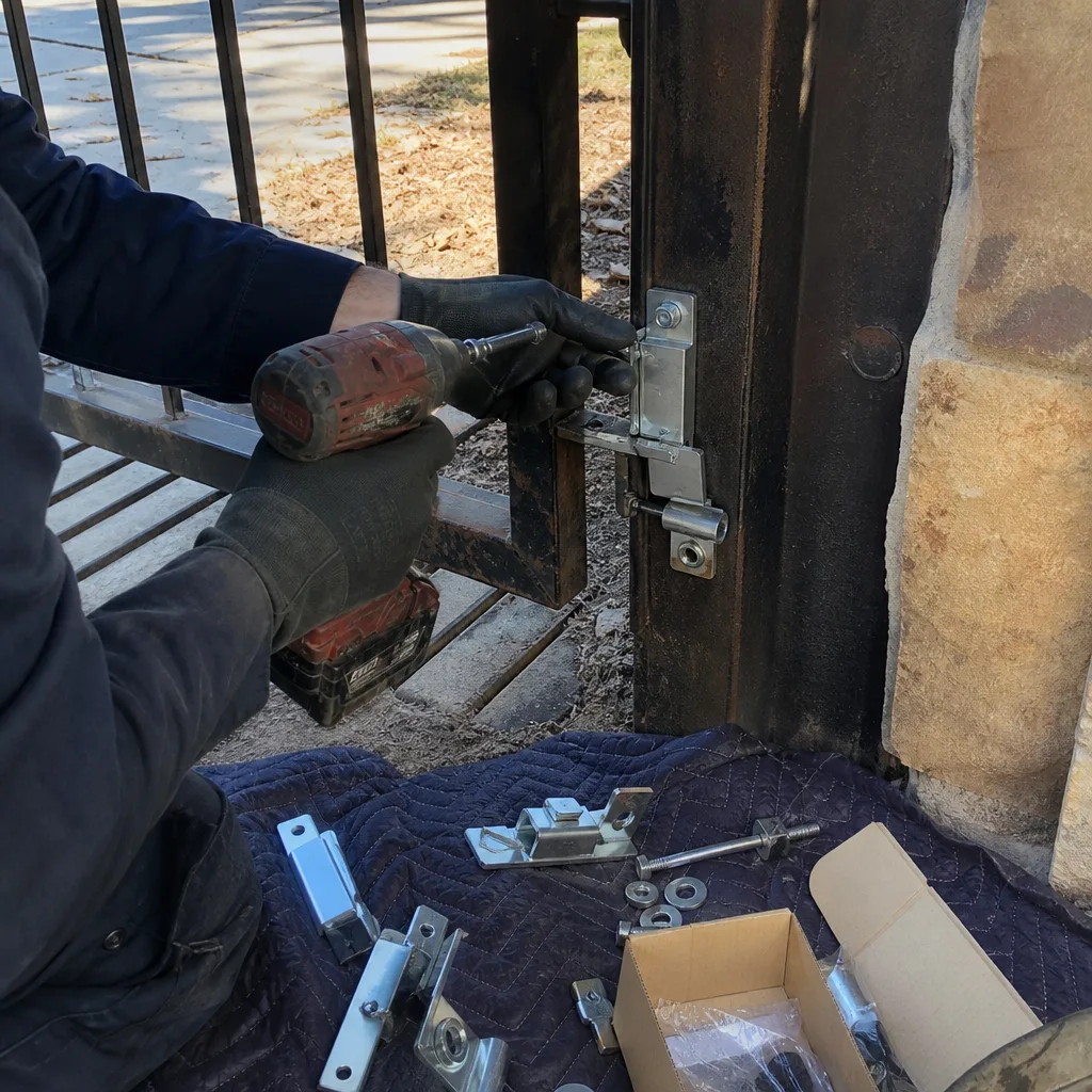 Technician using a power drill to perform metal gate hinge repair
