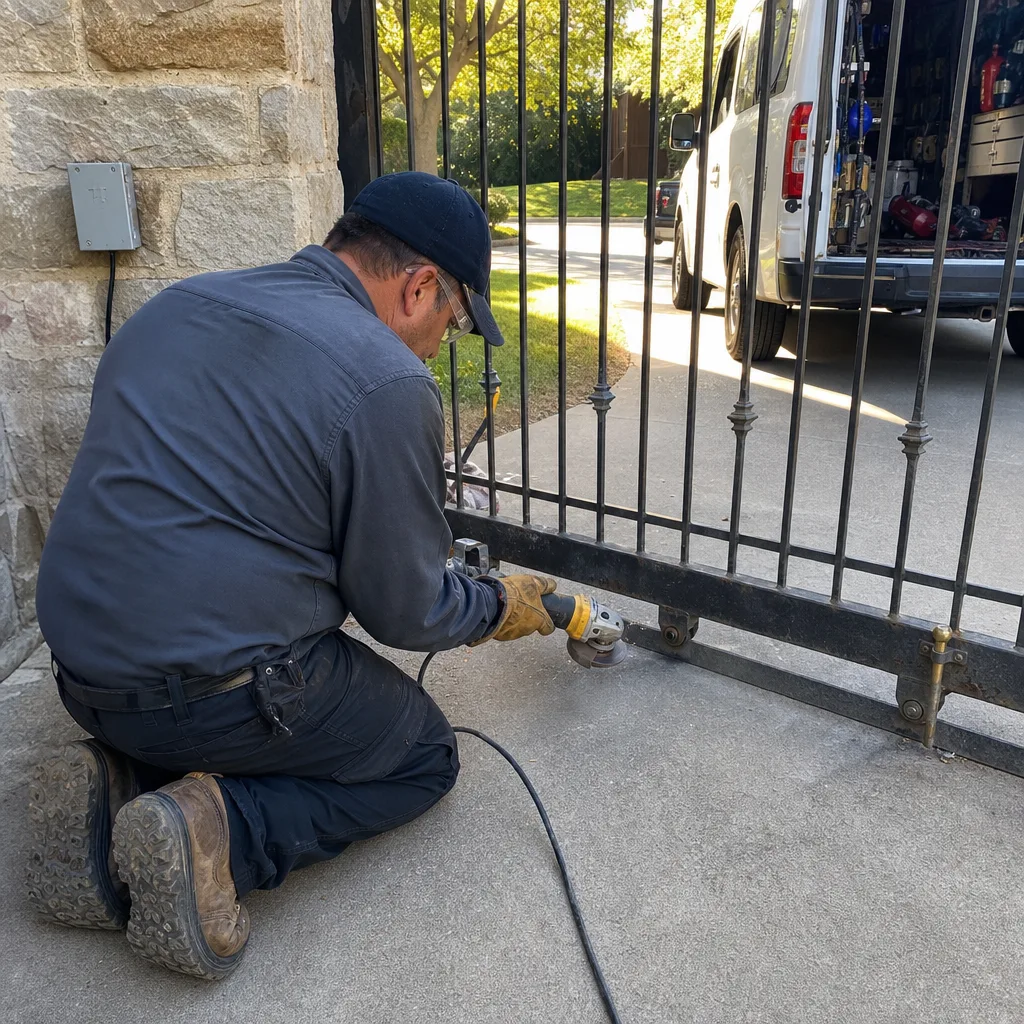 Technician using an angle grinder to perform metal driveway gate repair