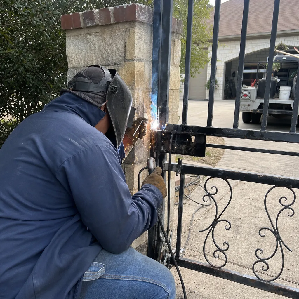Professional welder performing residential metal gate hinge repair